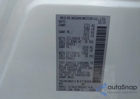 2020 Nissan Pathfinder Sv 2Wd z USA, uszkodzony, nr VIN 5N1DR2BN2LC637806